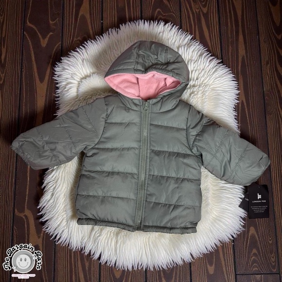 London Fog Other - London Fog Toddler Hooded Puffer Jacket Dark Green Pink Lined NWT (24M)
